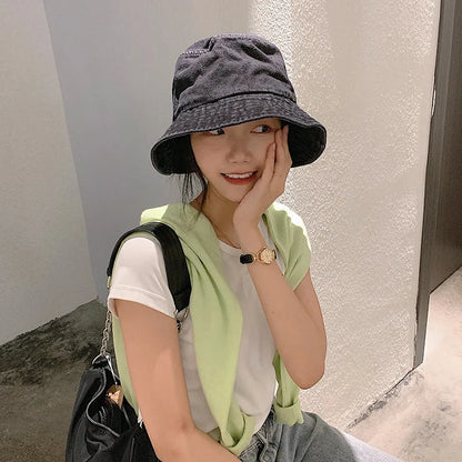 Retro Washed Denim Wide Brim Bucket Hat