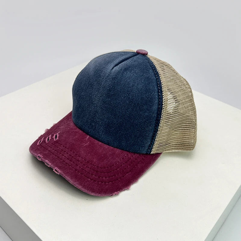 Color Block Distressed Mesh Baseball Cap