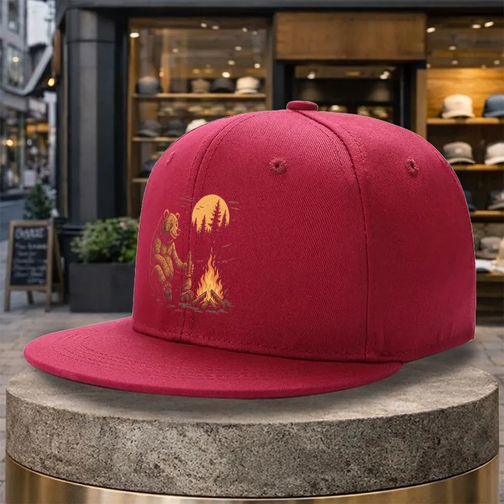 Bear Campfire Moon Silhouette Snapback Cap
