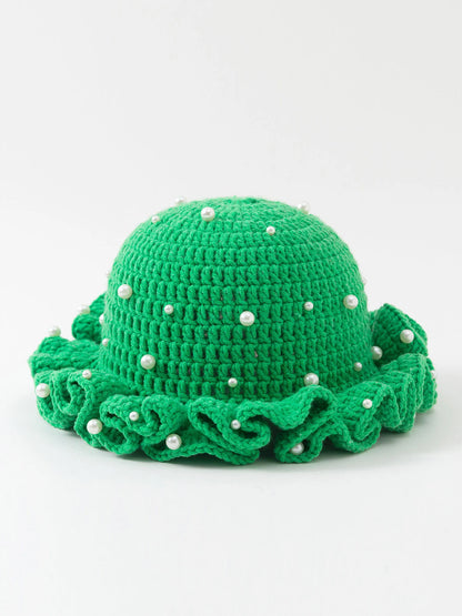 Women’s Pearl Ruffled Crochet Knit Bucket Hat