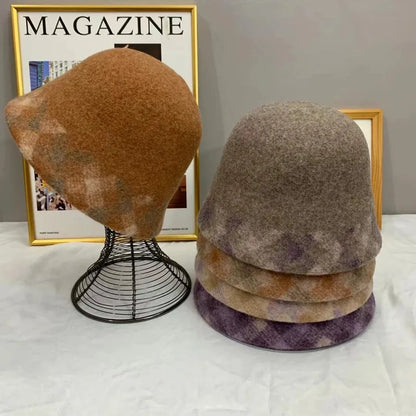 Thick Wool Plaid Edge Winter Bucket Hat