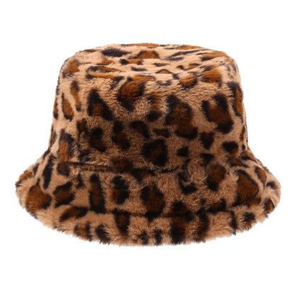 Leopard Print Plush Winter Fisherman Bucket Hat