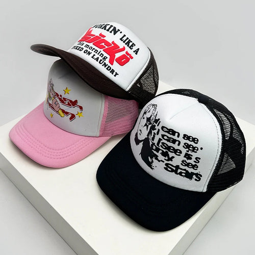 American Anime Letter Half Mesh Baseball Cap