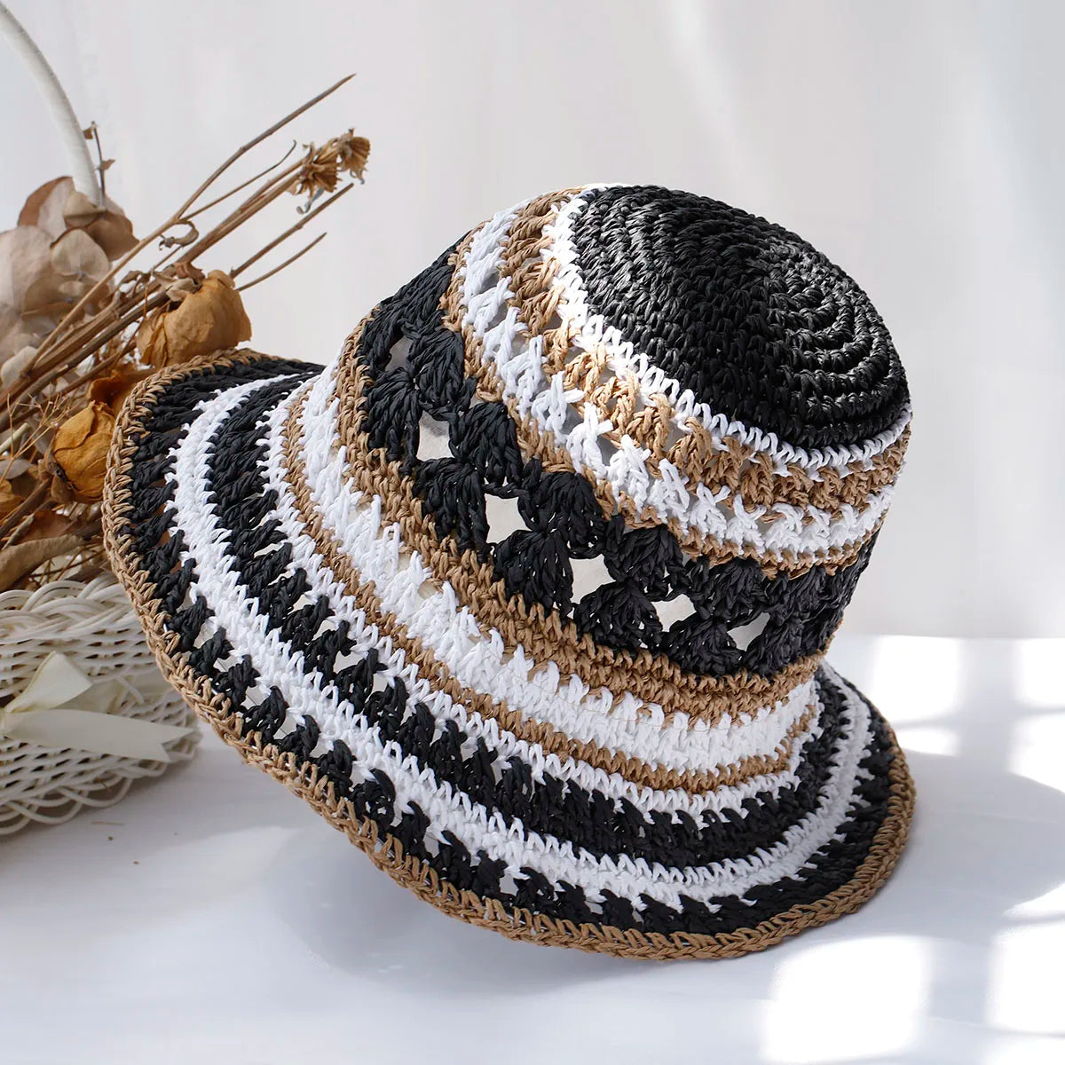 Multicolor Foldable Crochet Straw Bucket Hat