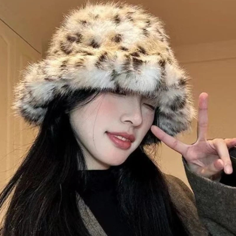 Korean Plush Leopard Faux Fur Bucket Hat