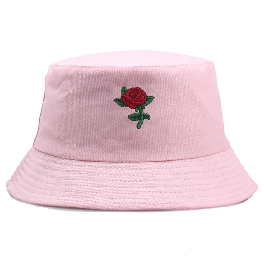 Summer Embroidery Rose Cotton Blend Classic Bucket Hat