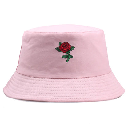 Summer Embroidery Rose Cotton Blend Classic Bucket Hat