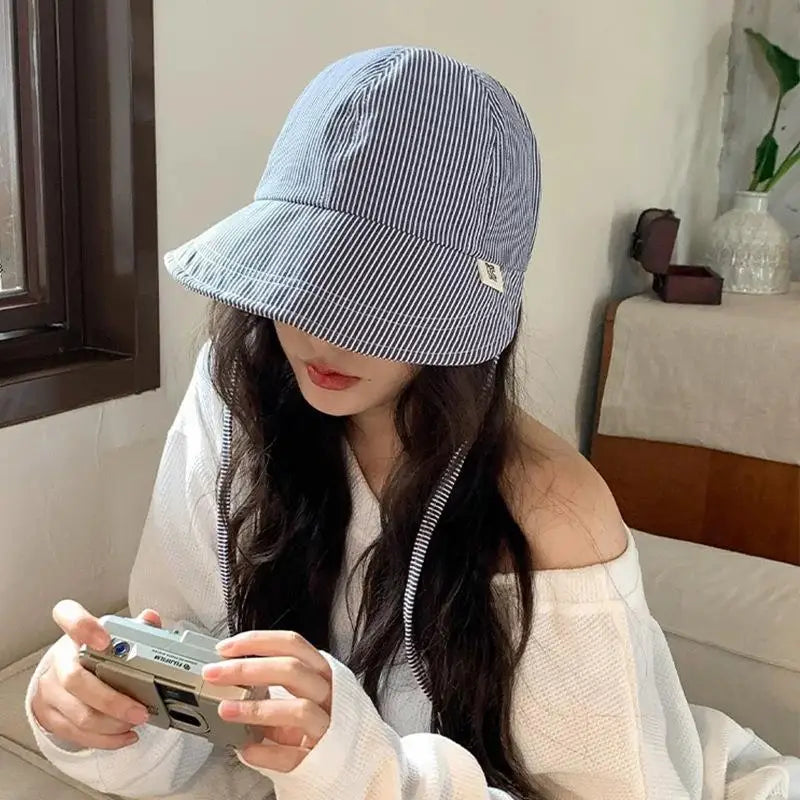 Women Korean Stripe Wide Brim Bucket Hat