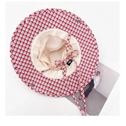 Ins Retro Red Plaid Big Brim Bucket Hat