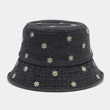 Denim Flower Embroidery Travel Bucket Hat