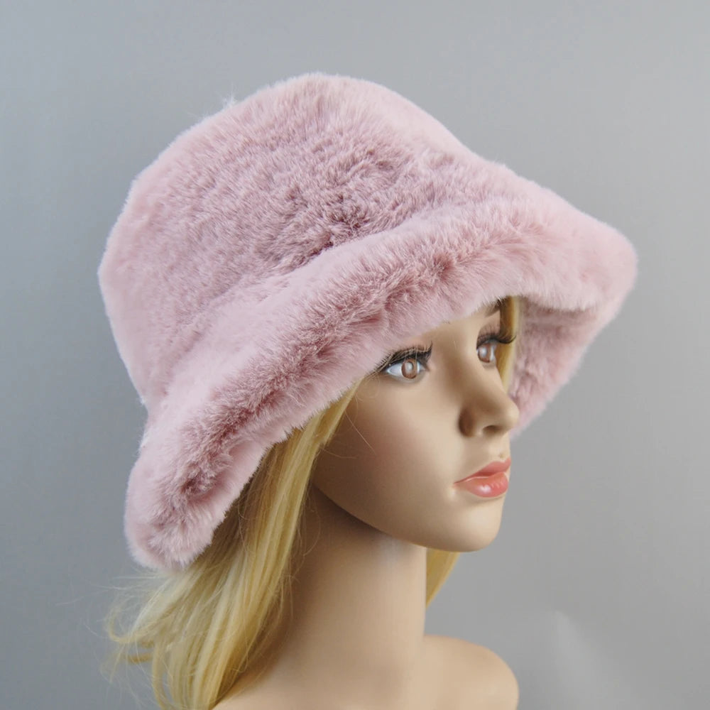 Fake Rabbit Fur Plush Winter Hat for Women