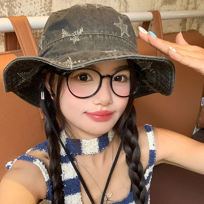 Korean Retro Star Embroidery Washed Denim Bucket Hat