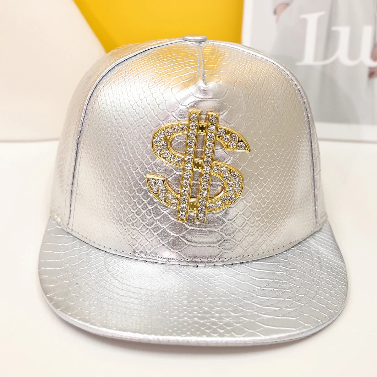 Crocodile Pattern Gold Dollar Sign Flat Brim Hip Hop Baseball Hat