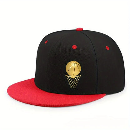 Gold Basketball Hoop Logo Flat Brim Unisex Snapback Cap