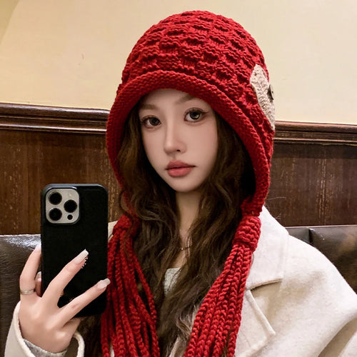 Knitted Wool Tassel Patchwork Winter Bucket Hat