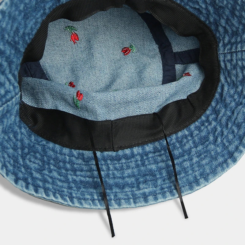 Korean Embroidered Heart Washed Denim Bucket Hat