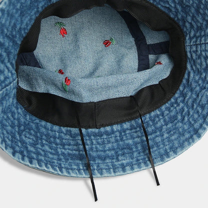 Korean Embroidered Heart Washed Denim Bucket Hat