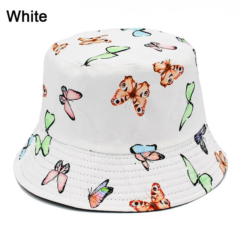 Wide Brim Butterfly Print Outdoor Panama Bucket Hat