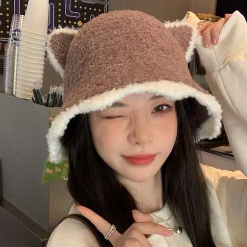Plush Knit Cat Ears Bucket Hat