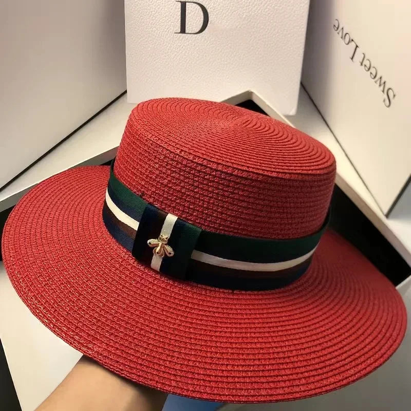 Striped Bee Embroidery Wide Brim Bucket Hat
