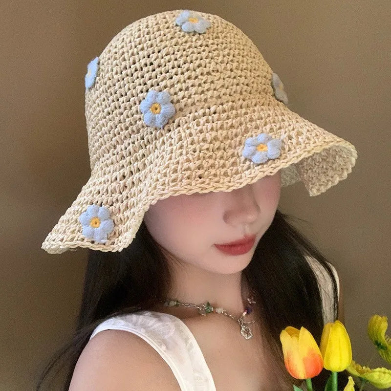 Woven Flower Straw Summer Bucket Hat