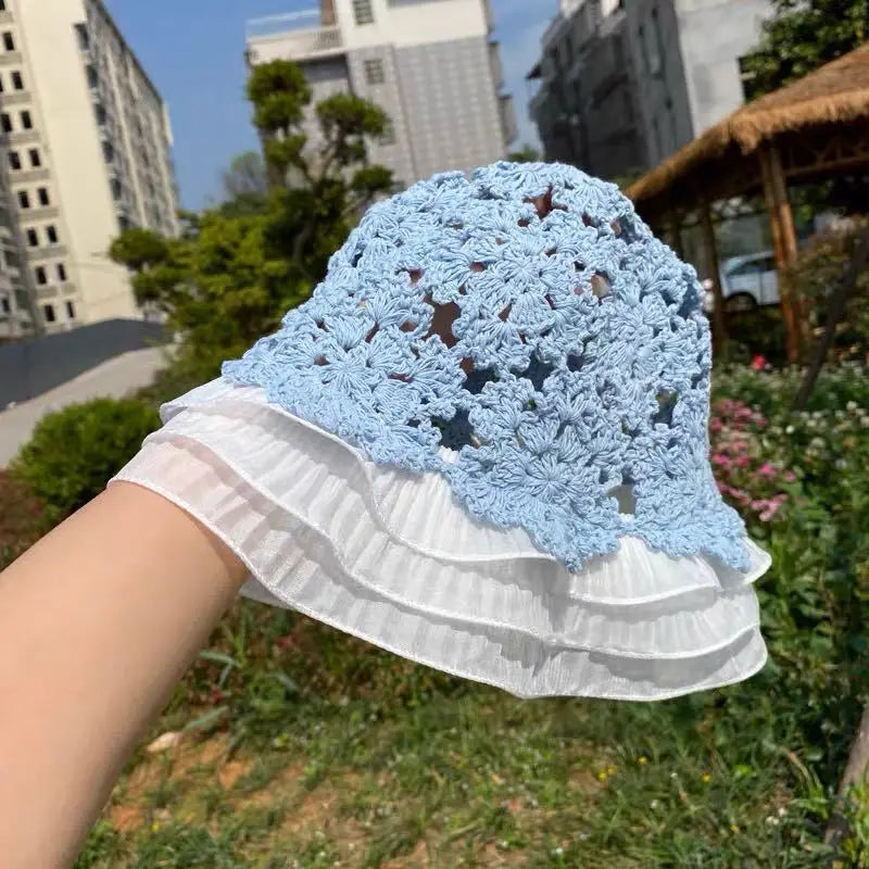 Lace Knitted Hollow Large Brim Korean Bucket Hat