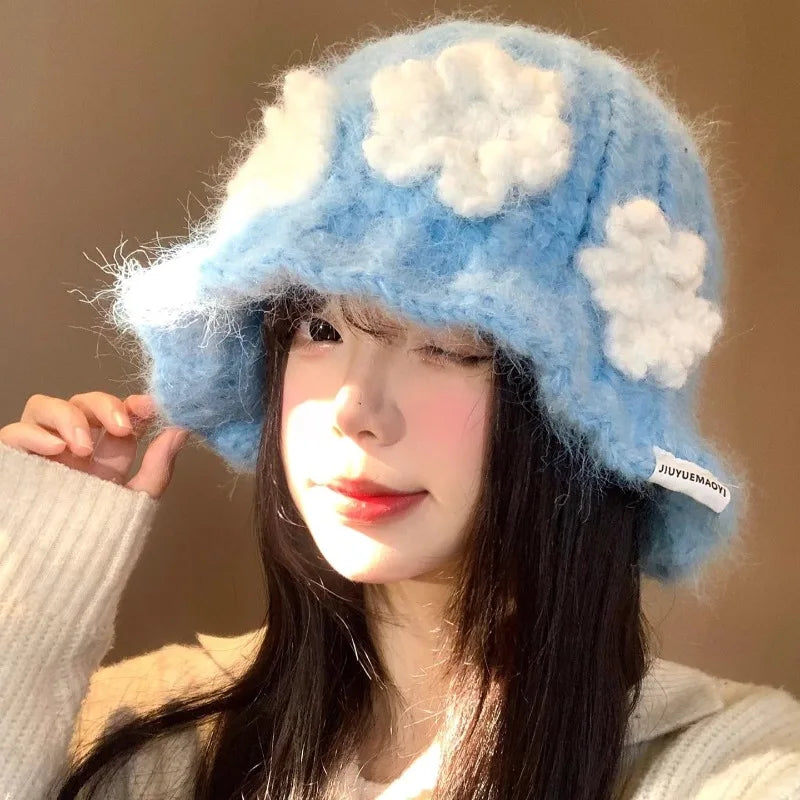 Sweet Flower Knitted Y2K Winter Bucket Hat