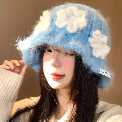 Sweet Flower Knitted Y2K Winter Bucket Hat