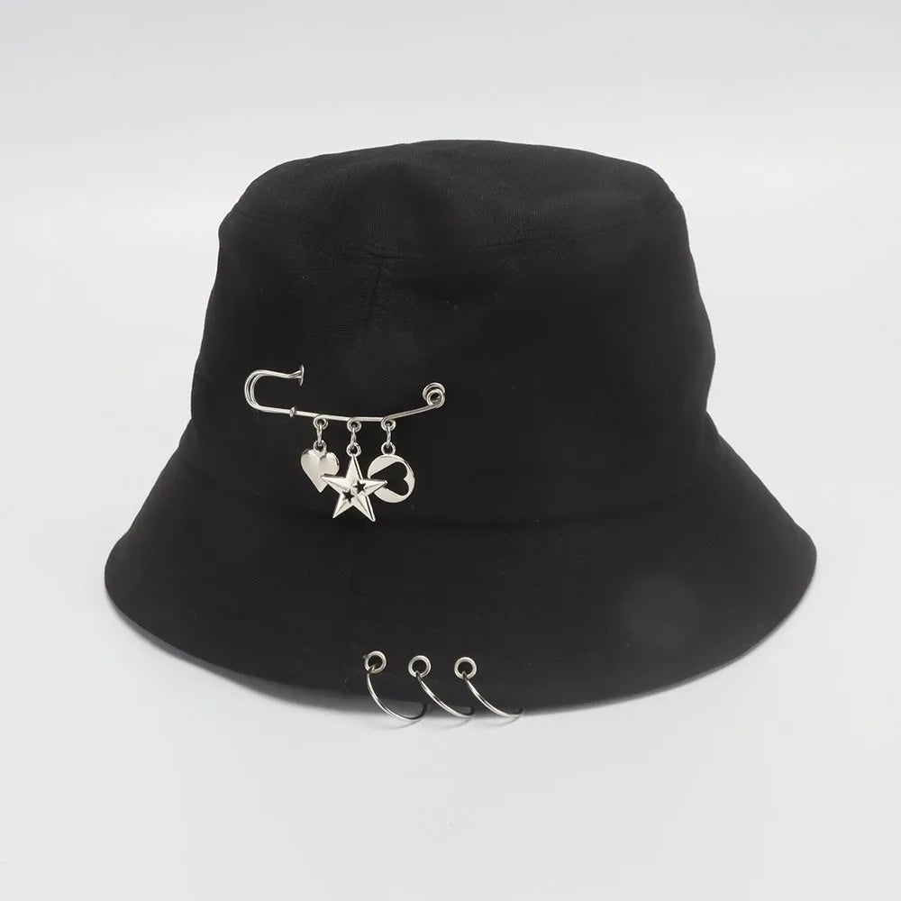 Black Metal Ring Foldable Bucket Hat Unisex