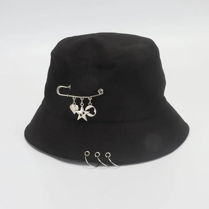 Black Metal Ring Foldable Bucket Hat Unisex