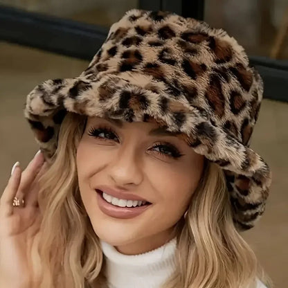 Leopard Print Fleece Bucket Hat Vintage Warm Style