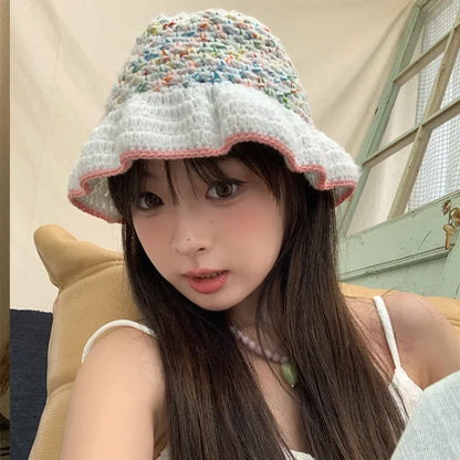 Dopamine Contrast Color Knitted Breathable Women Bucket Hat
