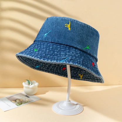 Cute Dinosaur Embroidery Denim Bucket Hat