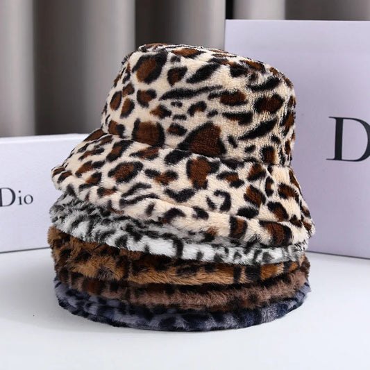 Winter Leopard Fleece Fisherman Bucket Hat