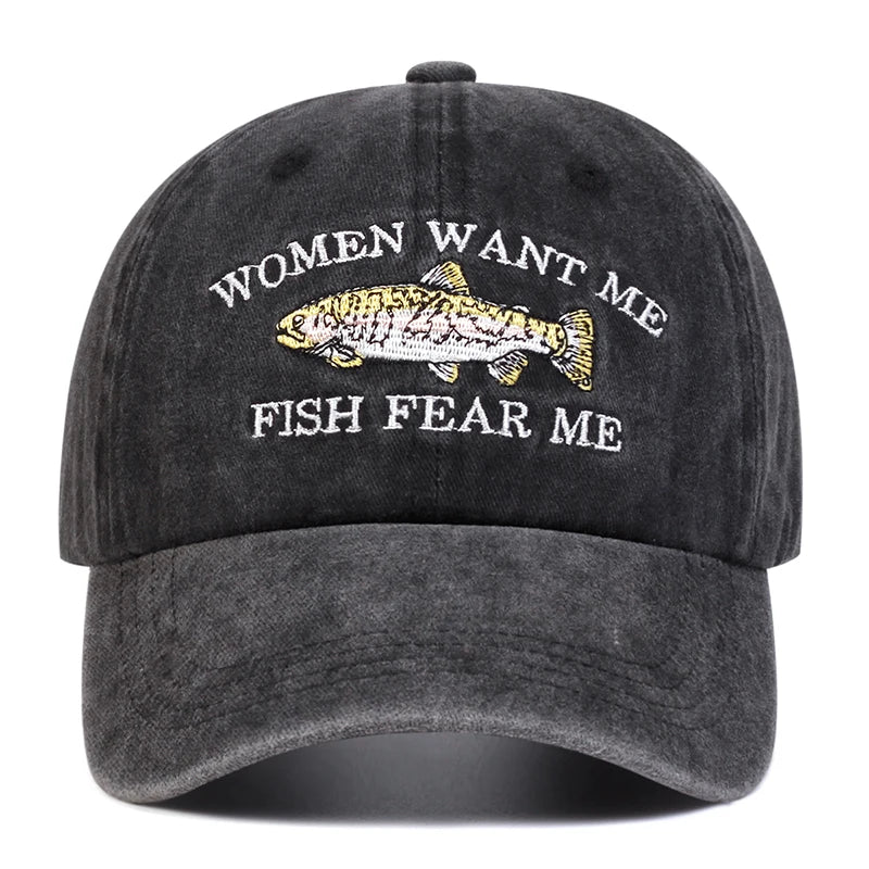 Unisex Fish Embroidery Wash Baseball Caps