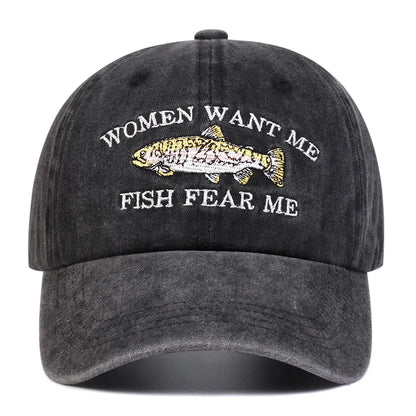 Unisex Fish Embroidery Wash Baseball Caps