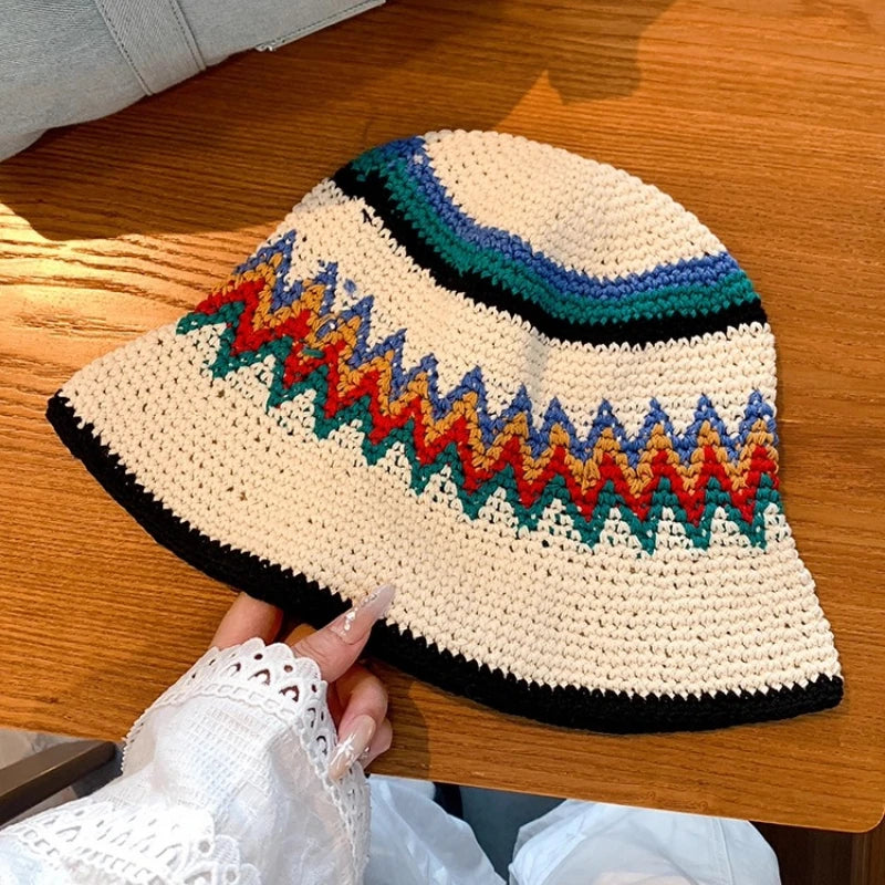 Korean Color Matching Handwoven Wide Brim Knitted Bucket Hat