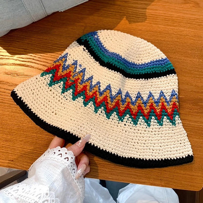 Korean Color Matching Handwoven Wide Brim Knitted Bucket Hat