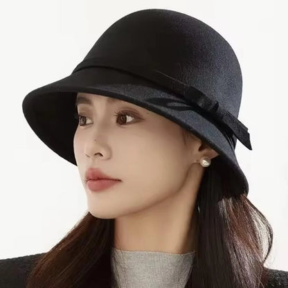 Vintage Bowknot Felt Dome Bucket Hat