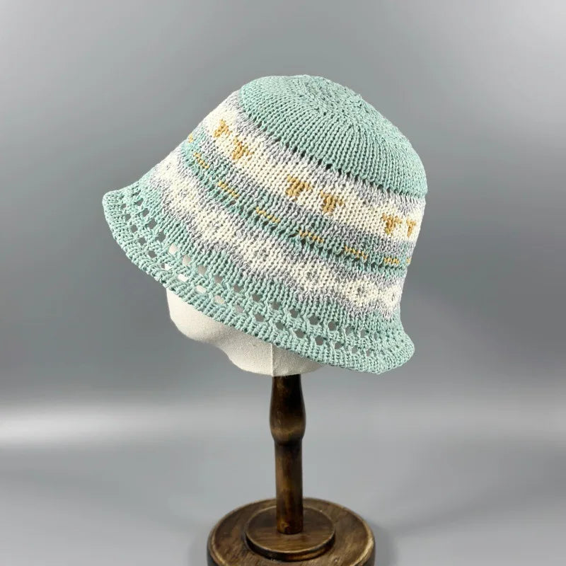 Summer Handmade Flower Straw Knit Breathable Bucket Hat