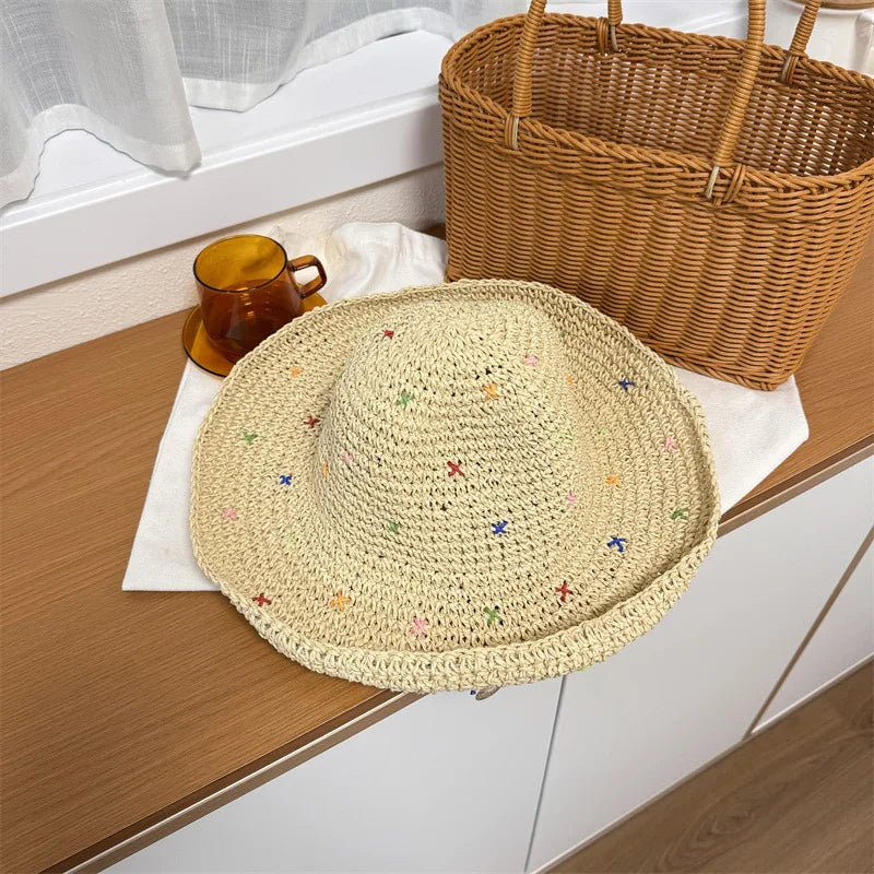 Hand Crocheted Colorful Straw Summer Bucket Hat