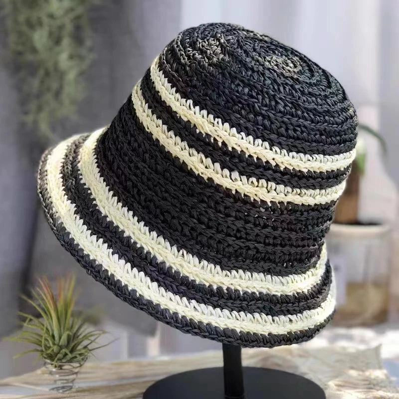 Woven Straw Striped Foldable Summer Bucket Hat