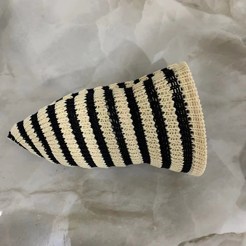 Striped Hollow Weave Breathable Summer Bucket Hat