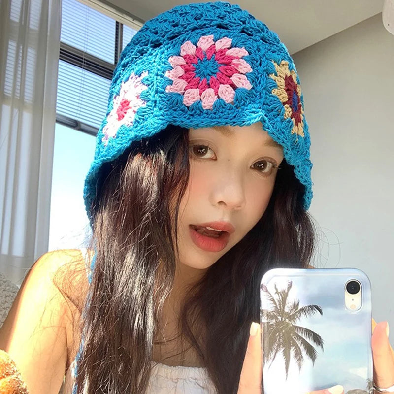 Japanese Handmade Crochet Flower Retro Knitted Bucket Hat