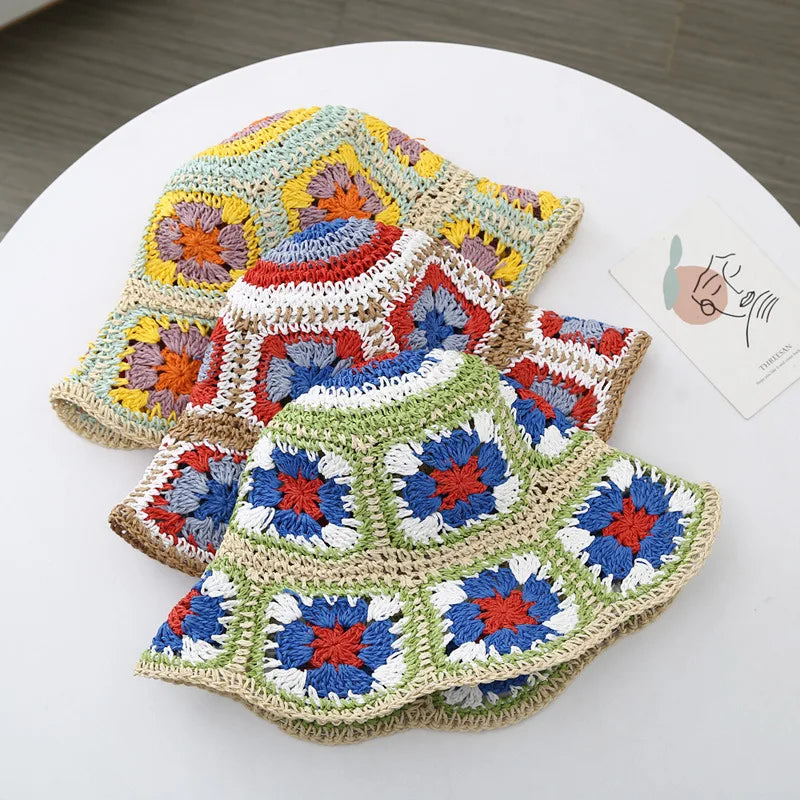 Japan Korea Crochet Straw Flower Bucket Hat