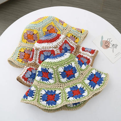 Japan Korea Crochet Straw Flower Bucket Hat