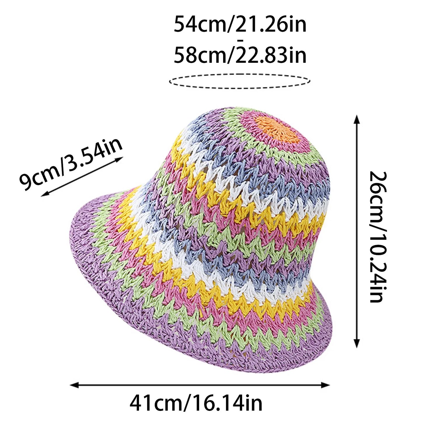 Womens Rainbow Braided Straw Wide Brim Bucket Hat