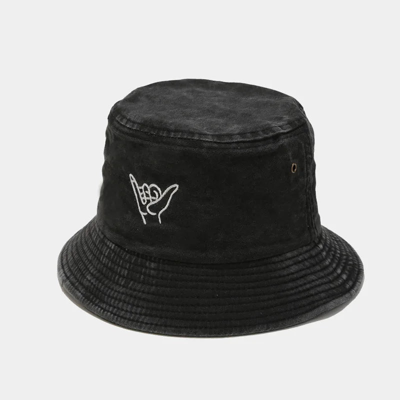 Cotton Cartoon Gesture Embroidery Bucket Hat