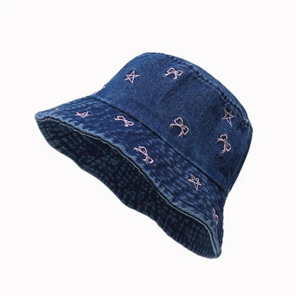 Autumn Butterfly Star Embroidery Washed Denim Bucket Hat