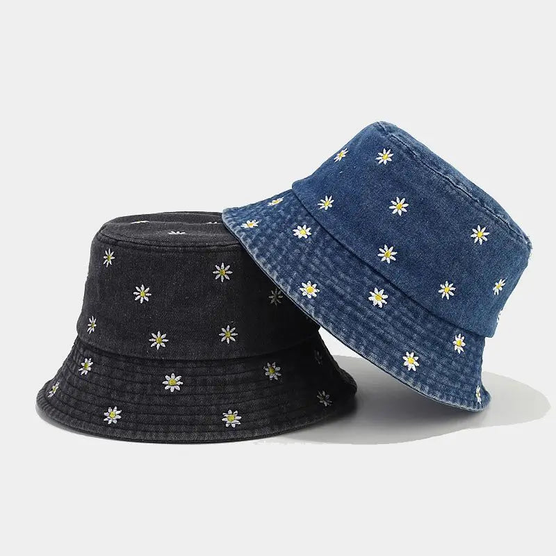 Denim Flower Embroidery Travel Bucket Hat